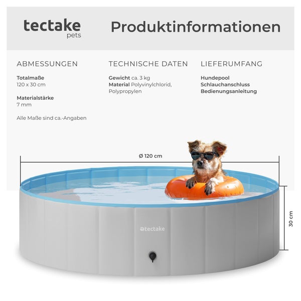 Infografik zum tectake pets Hundepool mit den Maßen 120 mal 30 Zentimeter aus Polyvinylchlorid und Polypropylen mit technischen Daten.