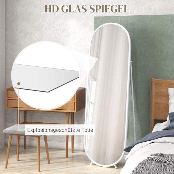 HOMCOM Ganzkörperspiegel, 160 x 40 cm Wandspiegel mit Ständer, Metallrahmen, Oval Standspiegel für Wohnzimmer, Schlafzimmer, Weiß