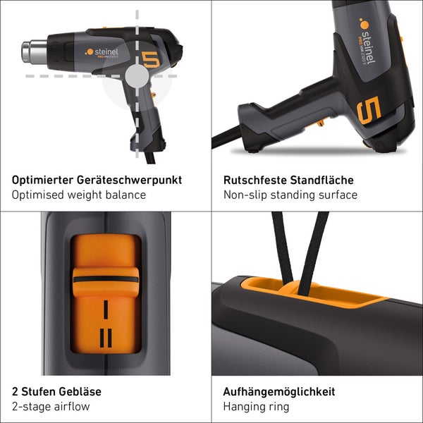 Steinel Heißluftgebläse Details: optimierter Geräteschwerpunkt, rutschfeste Standfläche, 2-Stufen-Gebläse und Aufhängemöglichkeit.