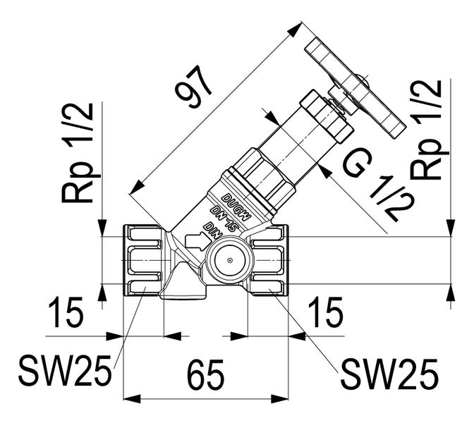 Technische Zeichnung Schrägsitzventil Nennweite 15 mit Bemaßungen: Gesamtlänge 65 Millimeter, Oberteil 97 Millimeter, Anschlüsse ein halb Zoll.