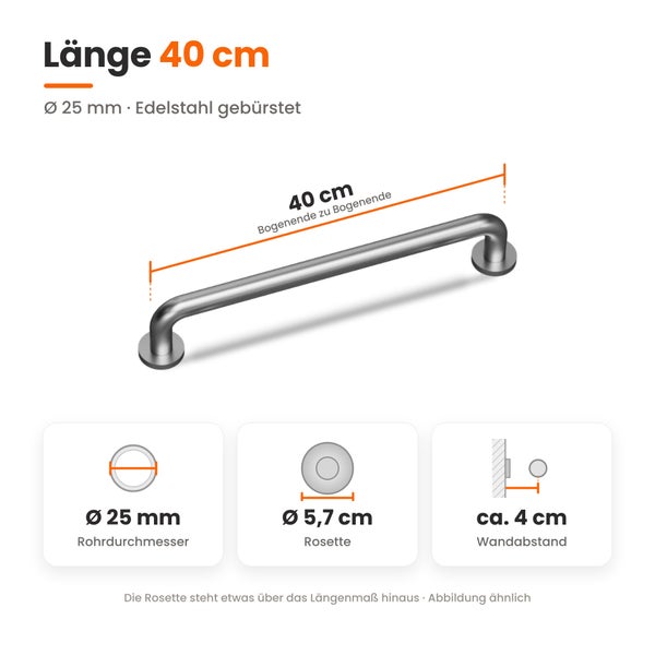 Wannengriff aus gebürstetem Edelstahl mit einer Länge von 40 Zentimetern, einem Rohrdurchmesser von 25 Millimetern und Wandabstand von 4 Zentimeter.
