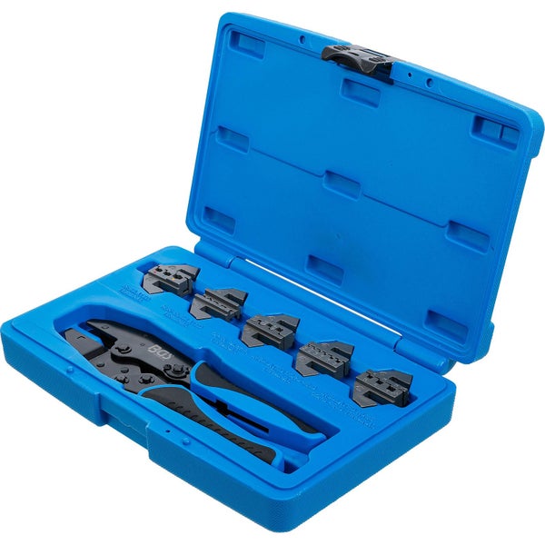 Crimpzange Set im blauen Koffer mit verschiedenen Einsätzen für isolierte und nicht isolierte Kabelschuhe