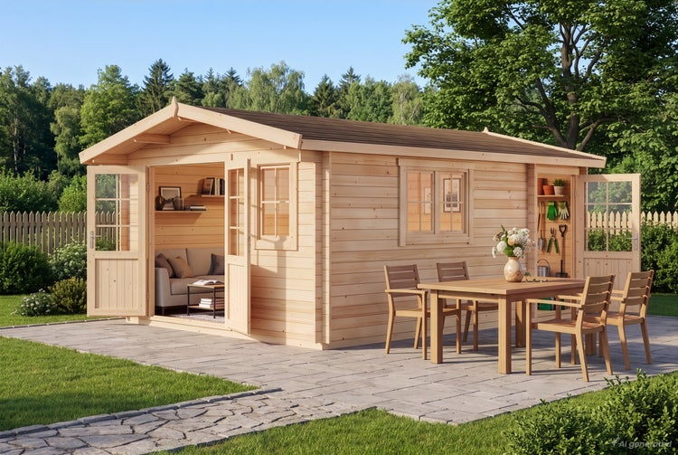 Holzgartenhaus mit Satteldach und offener Doppeltür auf einer Steinterrasse mit Holzmöbeln im Garten