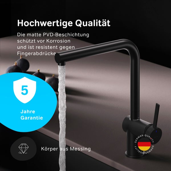 Schwarze Küchenarmatur mit fließendem Wasser, 5 Jahre Garantie und Gehäuse aus Messing
