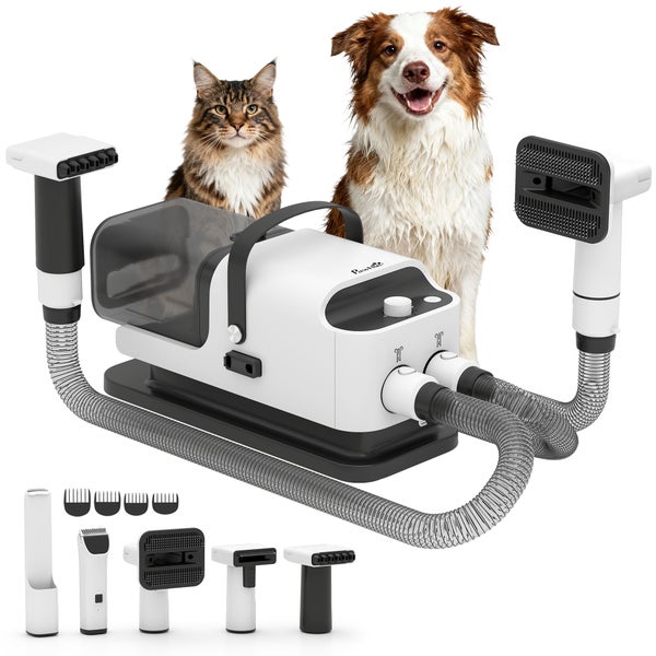 PawHut Tierhaarpflege-Set mit Staubsauger, verschiedenen Bürsten und Trimmern, dargestellt mit Hund und Katze im Hintergrund.