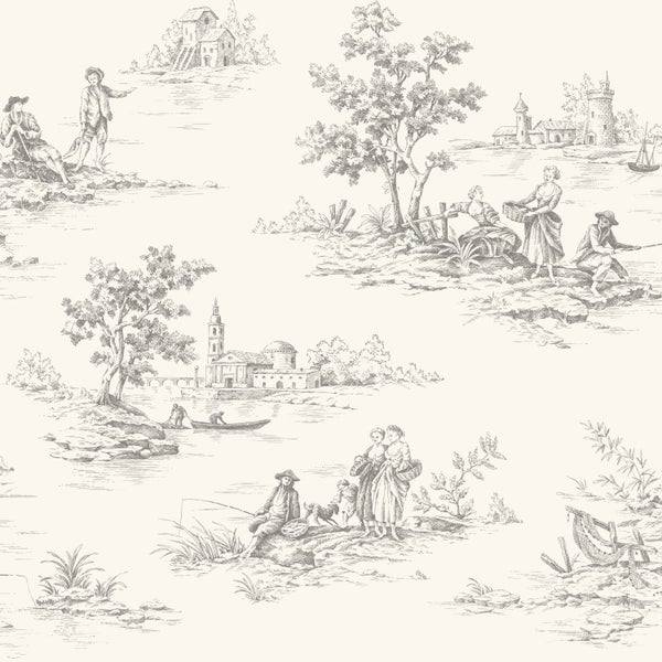 Tapete mit Toile-de-Jouy-Muster, zeigt detaillierte ländliche Szenen mit Menschen, historischen Gebäuden und Bäumen im Skizzenstil.