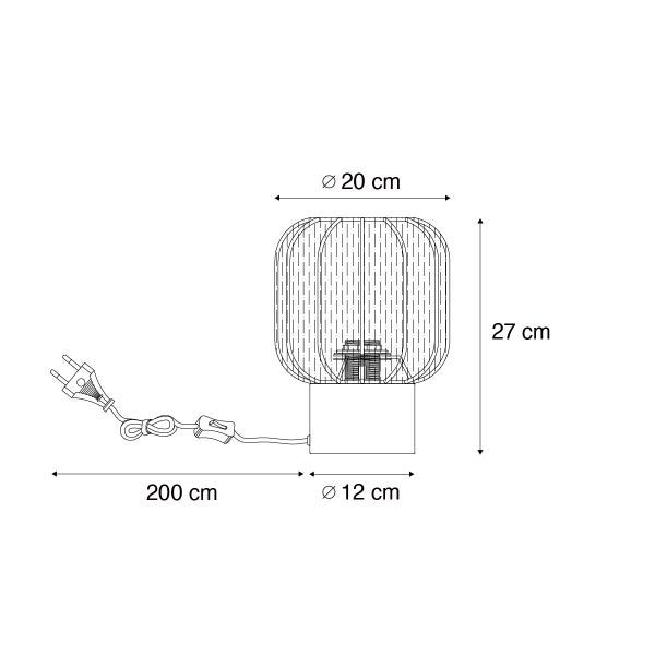 Technische Zeichnung Tischleuchte: Höhe 27 Zentimeter, Schirmdurchmesser 20 Zentimeter, Fußdurchmesser 12 Zentimeter, Kabellänge 200 Zentimeter.
