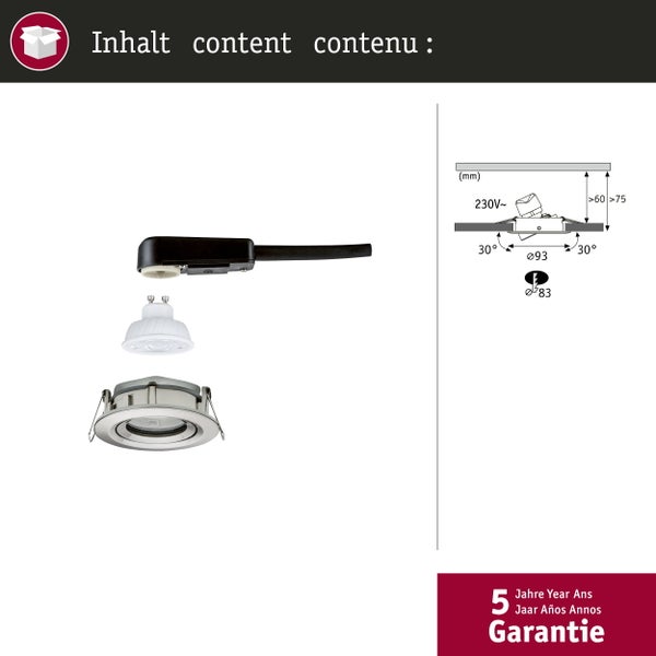 Einbaustrahler-Set mit LED-Leuchtmittel, Gehäuse, Anschlussbox und technischer Zeichnung mit Maßen in Millimeter sowie 5 Jahren Garantie.