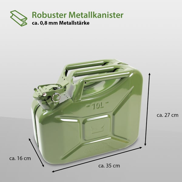 Metallkanister mit 10 Litern Fassungsvermögen und den Maßen circa 35 x 16 x 27 Zentimeter