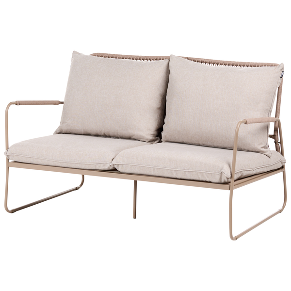 Zweisitzer-Gartensofa mit Metallgestell, Seilbespannung an Rücken- und Armlehnen und Polsterkissen.