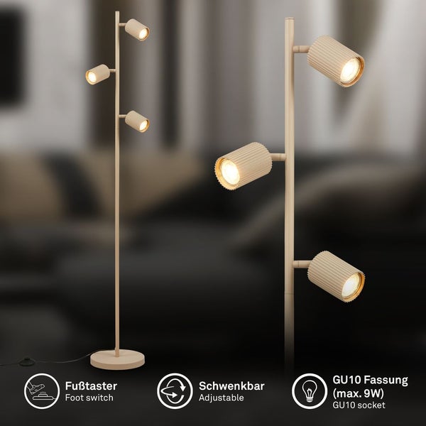 Moderne Stehleuchte mit drei schwenkbaren Strahlern und Fußschalter, GU10 Fassung für Leuchtmittel bis 9 Watt.