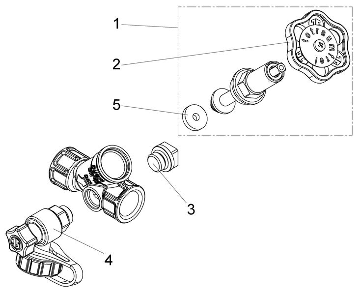 Explosionszeichnung von Ersatzteilen für ein Wasserhahnventil, inklusive Handrad, Spindel und Dichtungen, nummeriert zur Identifizierung.