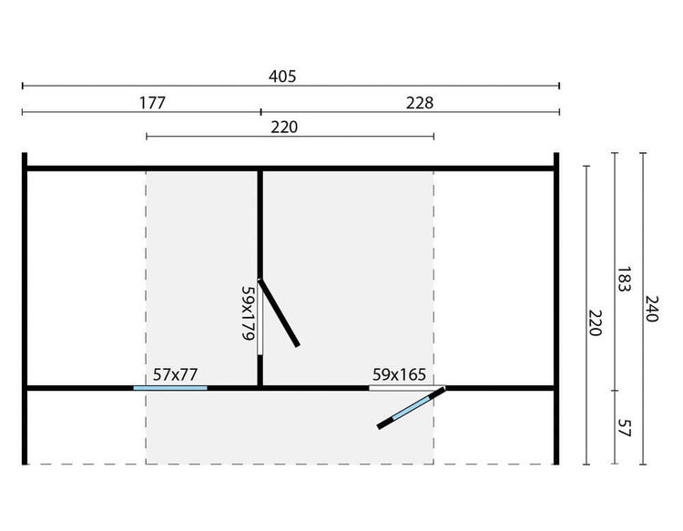 Maßzeichnung eines Gartenhauses mit Grundriss, Raumaufteilung und Zentimeterangaben für Wände, Fenster und Türen.