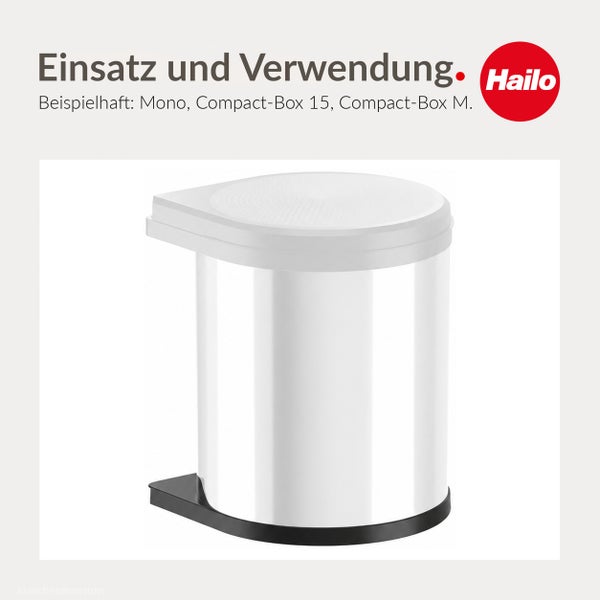 Hailo Einbauabfalleimer Modell Mono zur Montage an der Schranktür inklusive Hailo Logo.
