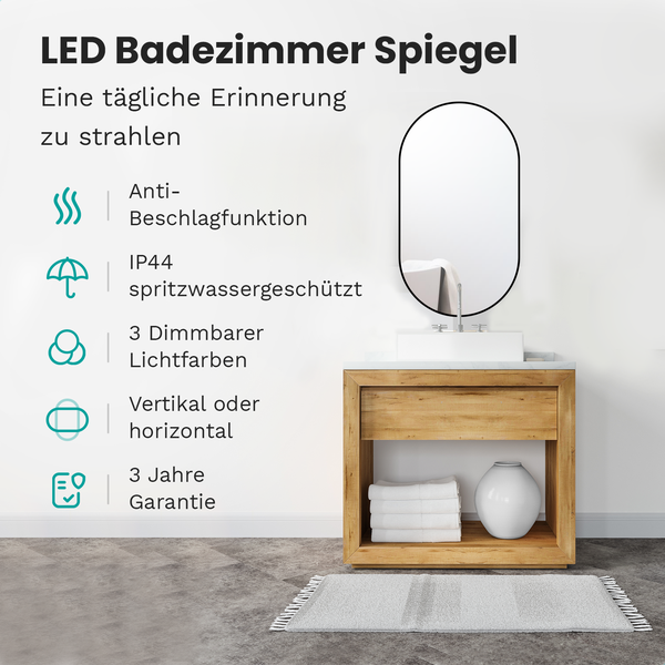 Mirlux Badezimmerspiegel mit LED-Beleuchtung & Heizung, Wandspiegel oval, Anti-Kondensations-Duschspiegel, schwarz, 90x50CM