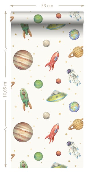 Tapetenrolle mit Planeten-, Raketen-, Astronauten- und Sternmotiven, 53 cm breit, 10,05 m lang