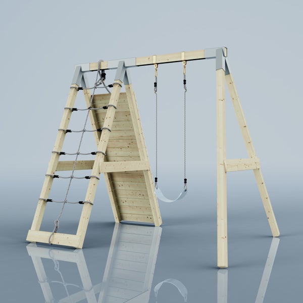 Schaukelgestell aus hellem Holz mit Kletternetz und Kletterwand, Kinderspielgerät für Kinder.