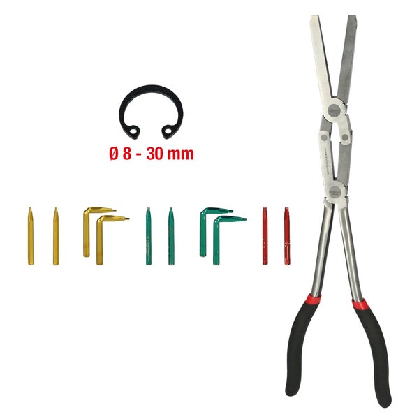 Sprengringzange mit Sprengring und verschiedenen Aufsätzen