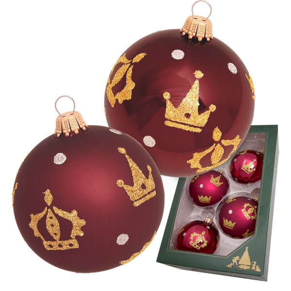 Kugeln Goldene Kronen, Bordeaux Satin & Glanz, 7cm, 4 Stck., Weihnachtsbaumkugeln, Christbaumschmuck, Weihnachtsbaumanhänger