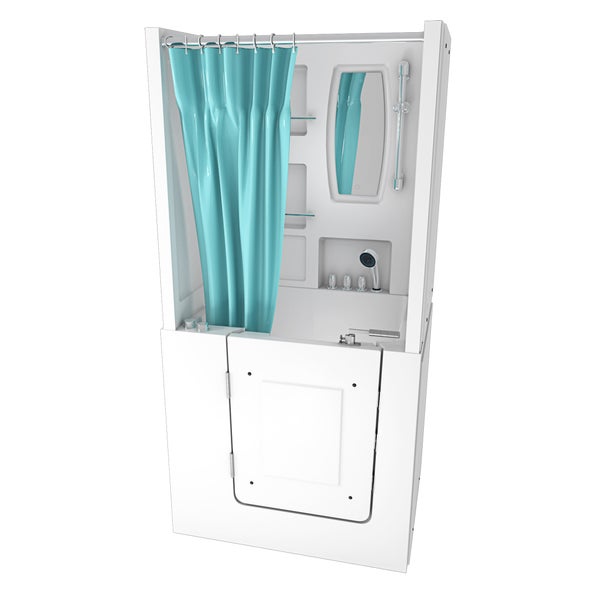 Sitzbadewanne mit niedriger Einstiegstür, Duschkabine, türkisfarbenem Vorhang, Spiegel und integrierten Armaturen.