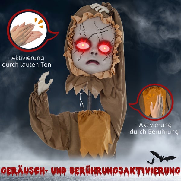 Halloween-Dekoration einer gruseligen Puppe mit leuchtenden Augen, die durch Geräusche und Berührung aktiviert wird.