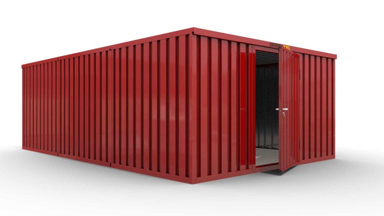 Lagercontainer Gerätehaus L3  – 25 qm, H2150 x B4050 x T6520 mm, Außenwandlackierung RAL 3000 feuerrot, Dach außen verzinkt, mit Holzfußboden, 1270 mm Einflügeltür mittig in Breitseite, montiert