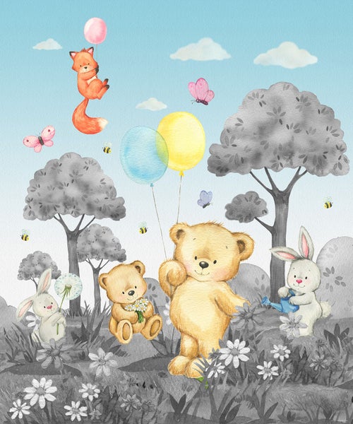 Illustration mit Teddybären, Hasen, Fuchs mit Ballon und Schmetterlingen