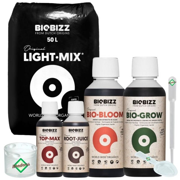Biobizz Düngerset inklusive 50 Liter Light-Mix Erde, Bio-Bloom, Bio-Grow, Top-Max, Root-Juice, Pipette, Messlöffel und Weedness Topf.