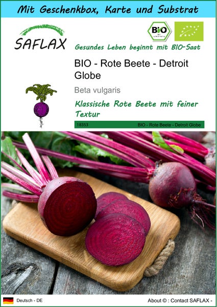 SAFLAX Geschenk Set - BIO - Rote Beete - Detroit Globe - Beta vulgaris - 100 Samen - Mit Geschenkbox, Versandaufkleber, Geschenkkarte und Anzuchtsubstrat