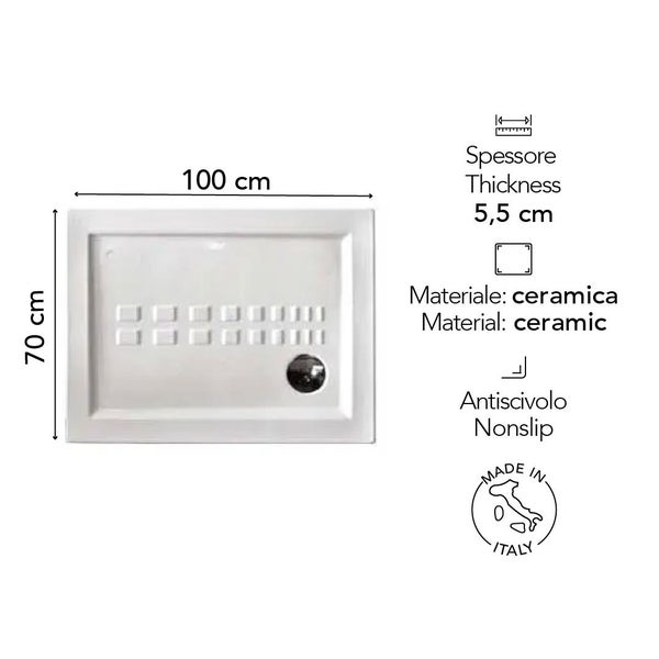 Duschwanne aus Keramik, 100 mal 70 Zentimeter, Stärke 5,5 Zentimeter, rutschhemmend, hergestellt in Italien.