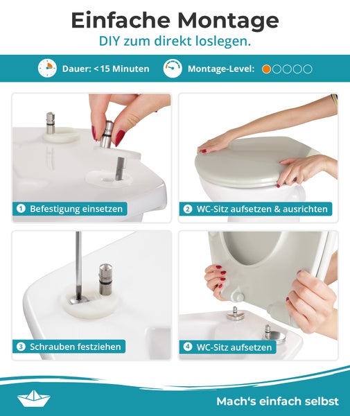 Infografik zur einfachen Montage eines WC Sitzes mit vier Schritten und Informationen zu Montage Dauer und Schwierigkeitsgrad.
