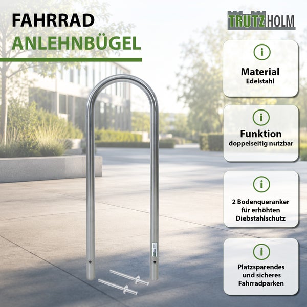 Trutzholm Fahrradanlehnbügel aus Edelstahl mit zwei Bodenquerankern für sicheres und platzsparendes Abstellen von Fahrrädern im Außenbereich.