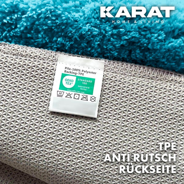 Teppich mit Öko-Tex Standard 100 Siegel, bestehend aus 100 Prozent Polyester und einer TPE-Antirutsch-Rückseite