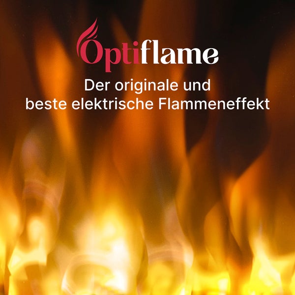 Optiflame Logo mit dem Text Der originale und beste elektrische Flammeneffekt vor einem Hintergrund mit Flammen.