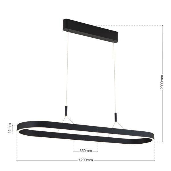 Moderne LED Pendelleuchte in ovaler Form mit Maßen von 1200 Millimeter Länge und 45 Millimeter Höhe sowie einer Abhängung von 2000 Millimeter.