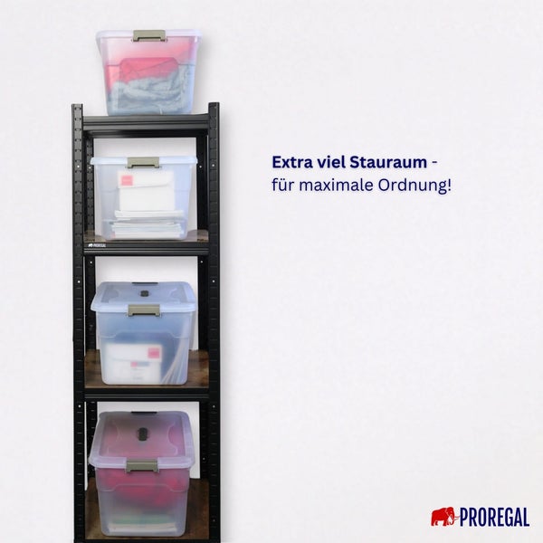 Schwarzes Regal mit vier Regalböden und transparenten Aufbewahrungsboxen