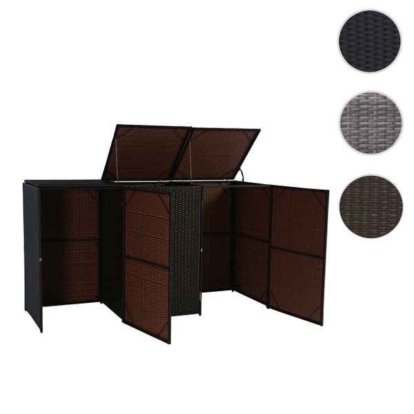 Mülltonnenbox aus Polyrattan mit drei Fächern und zwei Klappdeckeln