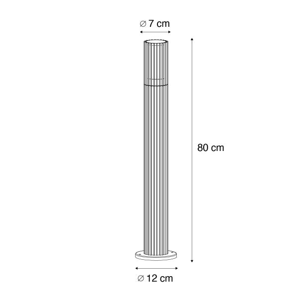 Technische Zeichnung einer Wegleuchte mit Maßen: Höhe 80 Zentimeter, oberer Durchmesser 7 Zentimeter und Fußdurchmesser 12 Zentimeter.