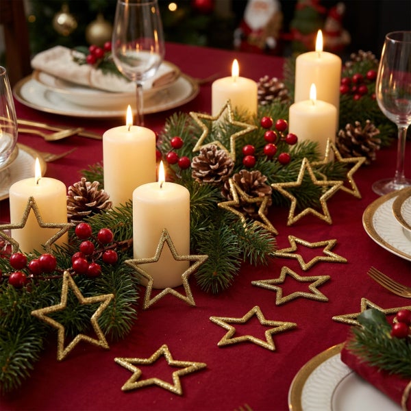 Festlich gedeckter Weihnachtstisch mit Kerzen, Tannenzweigen, Tannenzapfen, roten Beeren und glitzernden Sternen als Tischdekoration.