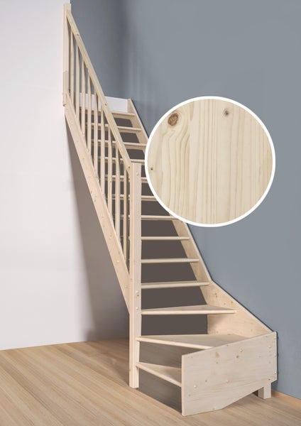 Offene Viertelwendeltreppe „Vega80“ von HandyStairs – Links – 280 cm hoch – 13 Stufen aus Kiefernholz – Mit Handlauf