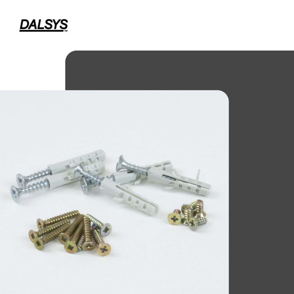 Dalsys Logo. Befestigungsset bestehend aus verschiedenen Schrauben und Dübeln.