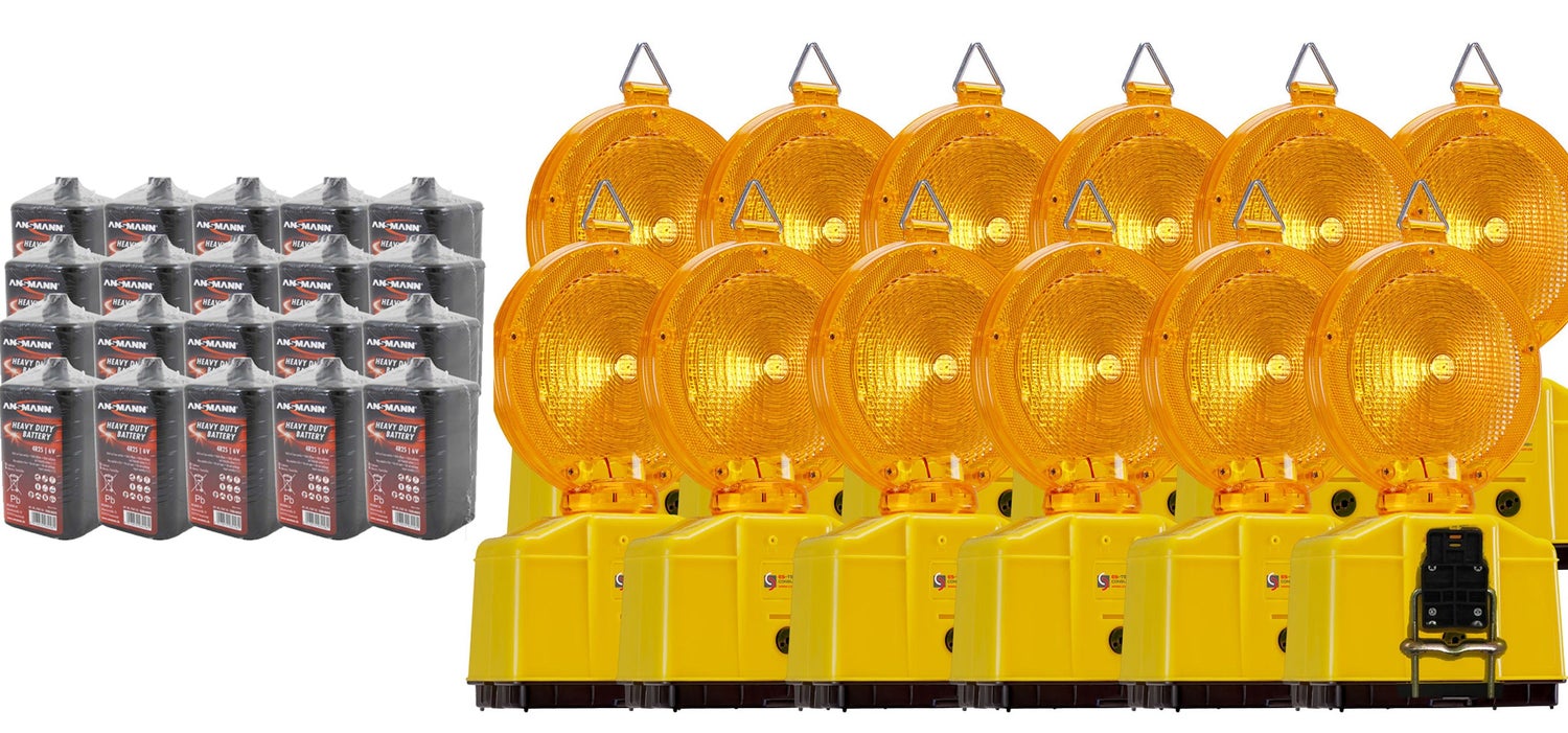 UvV 10 x LED Baustellenleuchte Warnleuchte gelb Sparpreis mit/ohne Batterien / 20 Zink-Kohle Batterien (9 Ah)