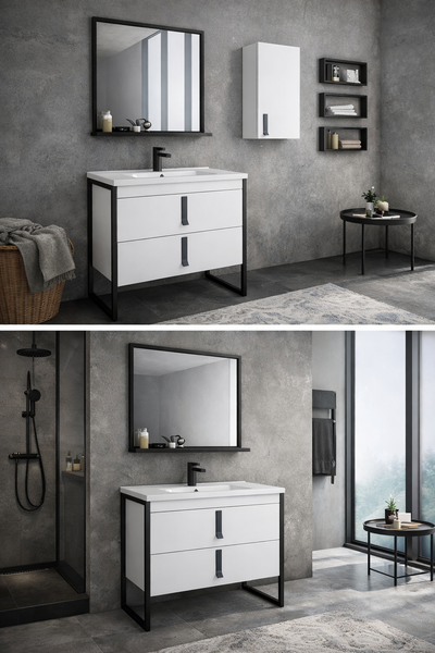 Modernes Badmöbel-Set in Weiß und Schwarz mit Waschtisch, Spiegel und Hängeschrank in einem Badezimmer in Betonoptik.