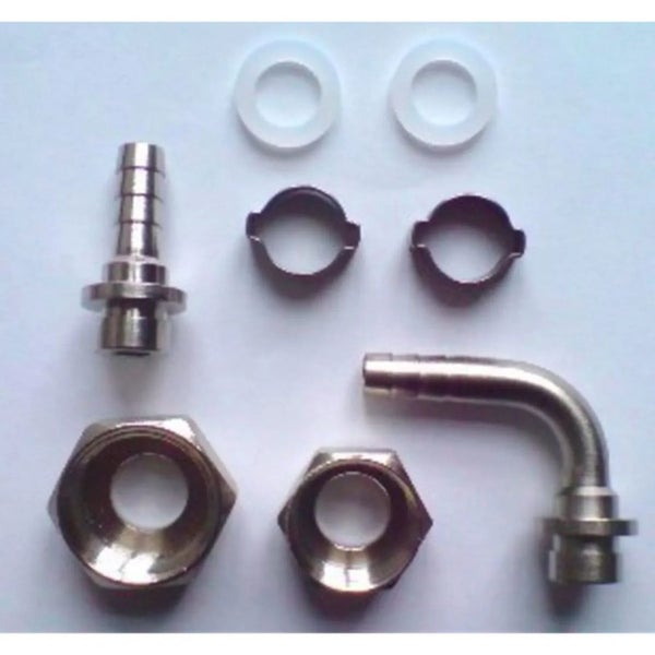 Schlauchanschluss-Set bestehend aus geraden und gewinkelten Anschlusstüllen, Überwurfmuttern, Schlauchschellen und Dichtungsringen.