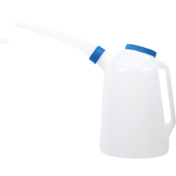 Messkanne aus weißem Kunststoff mit flexiblem Auslaufrohr, blauem Deckel und Griff.