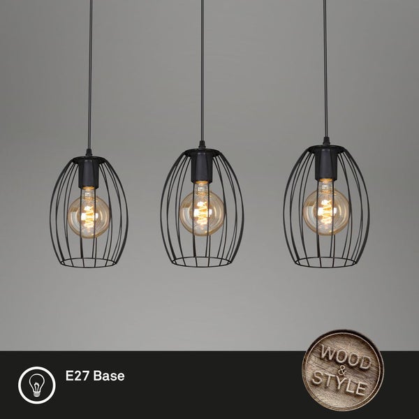 Pendelleuchte Hängelampe Drahtschirme Vintage 3xE27 60W Metall-Holz Briloner