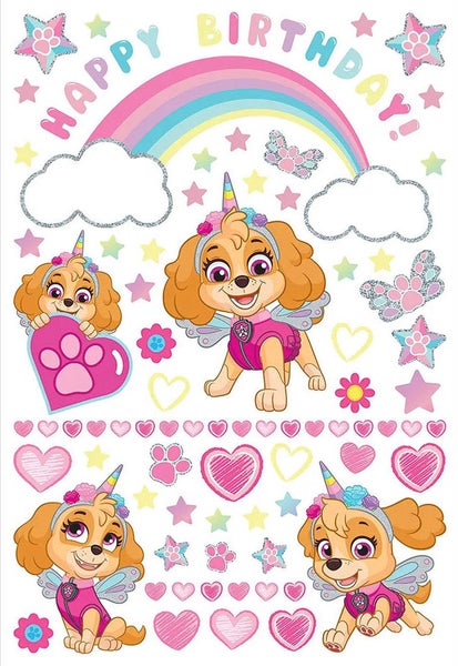 Paw Patrol Skye Stickerbogen mit Einhorn-Motiven, Happy Birthday Schriftzug, Regenbogen, Herzen und Sternen.