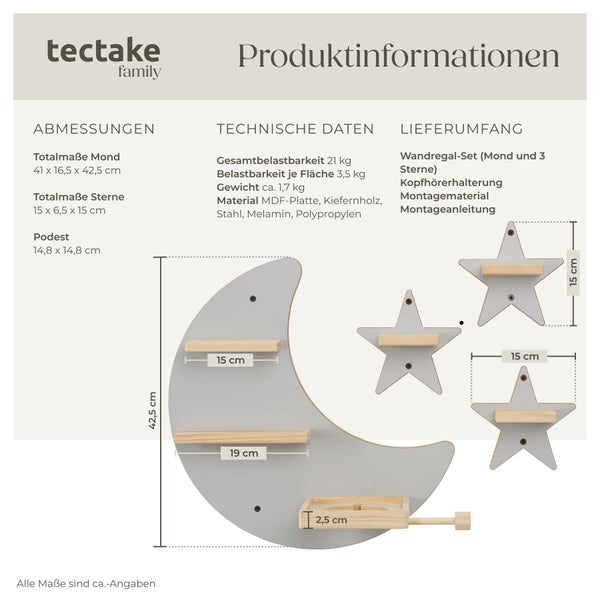 Wandregal Set in Mond und Stern Form mit Ablageflächen aus Holz und MDF für Kinderzimmer mit Maßangaben und technischen Produktdetails
