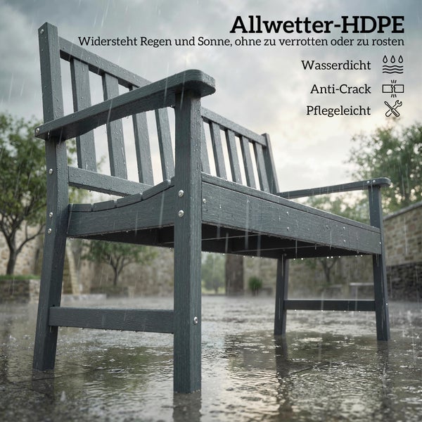Gartenbank aus wetterfestem HDPE Kunststoff in Holzoptik bei Regen im Garten, wasserdicht, rissfest und pflegeleicht.
