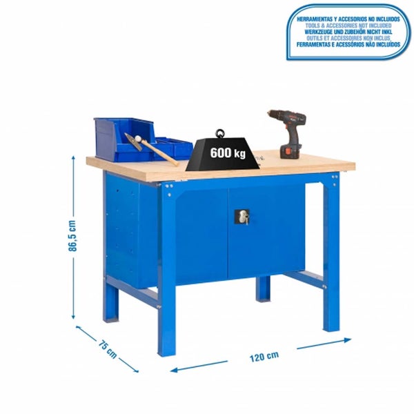 PROREGAL Werkbank Buffalo Wood mit Schrank HxBxT 87 x 120 x 75 cm Traglast 600 kg Blau